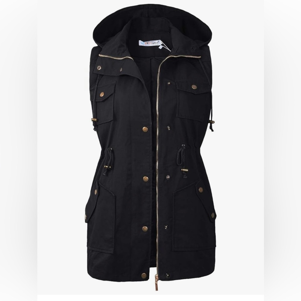 Stylish Black Hooded Vest with Gold Details